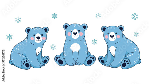 Three cute blue polar bears sitting and looking forward with rosy cheeks and snowflakes in the background on white.