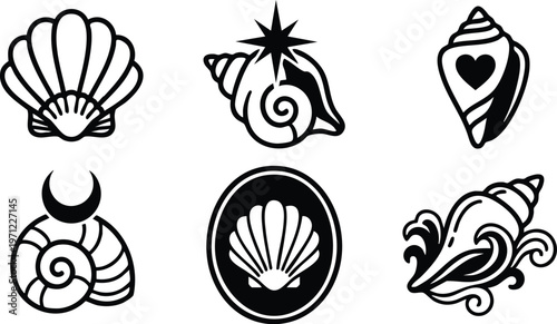 Black and white seashell icons with heart spiral and crescent motifs