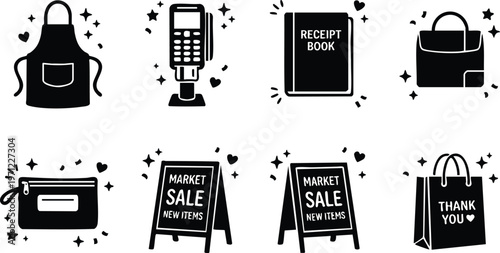 Black and white market sale signs receipt book and shopping bags vector art