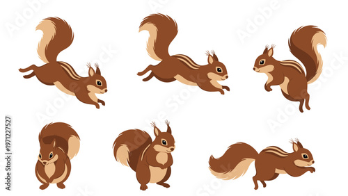 Group of six cute squirrels depicted in various active poses such as jumping, running, and standing alert.