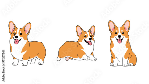 Three adorable corgi dogs shown in standing, running, and sitting positions with happy expressions.