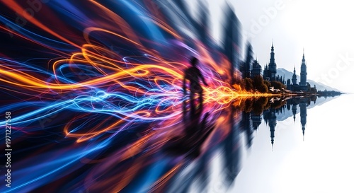 Silhouette of person walking through abstract light trails city skyline reflection.