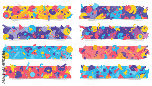Eight horizontal banners filled with vibrant abstract shapes, confetti, and geometric patterns on a white background.