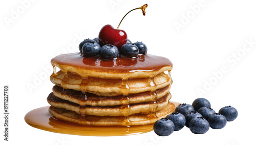 Stacked golden pancakes with syrup blueberries, and a cherry