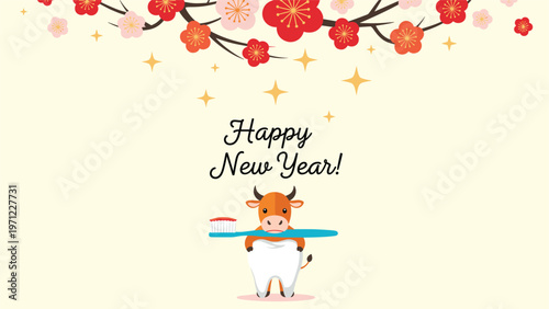 Cute brown cow holding a giant blue toothbrush and standing behind a large tooth with Happy New Year text.
