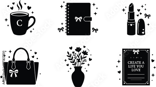 Black planner 2024 with daily inspiration quote and chic bag with coffee and lipstick vector art