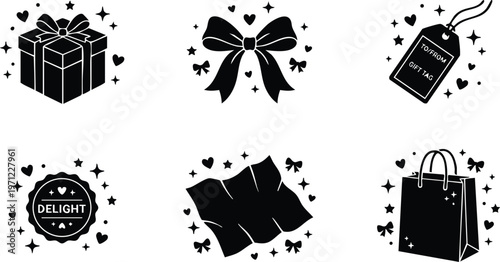 Black and white gift box bow shopping bag delight badge and gift tag vector icons