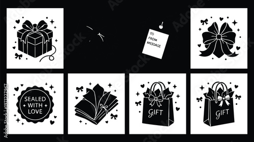 Black and white gift box bow and sealed with love label icons set