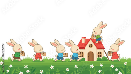 Group of industrious rabbits working together to carry cardboard boxes into a charming small house on a green field.