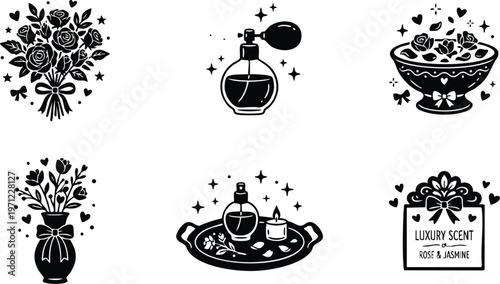 Black and white luxury scent rose and jasmine label with bow and hearts vector art