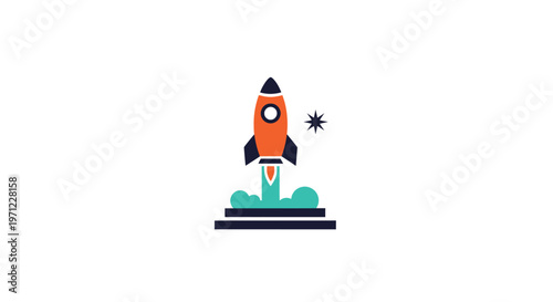 Colorful illustration of a rocket launching into space with a star symbol minimal graphic design