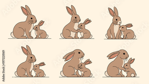 Set of six illustrations showing various tender moments between a mother brown rabbit and its small bunny offspring.