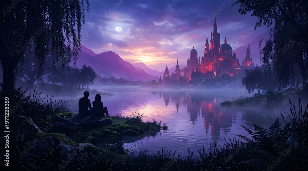 Naklejka premium Romantic couple admiring mystical castle at twilight by serene lake