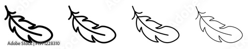 Set of four minimalist feather icons with different outline thicknesses, symbolizing lightness, softness and design adaptability. Vector illustration.
