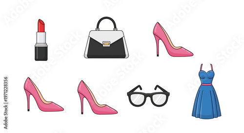 Fashion essentials illustrated, including shoes, a handbag, and accessories, isolated on white