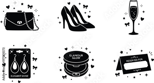Black and white glamour accessories set with high heels purse and makeup compact