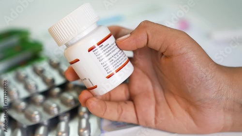 Hand holding prescription pill bottle with medication in background