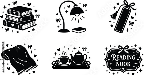 Black and white reading nook icons stack of books lamp tea blanket tag