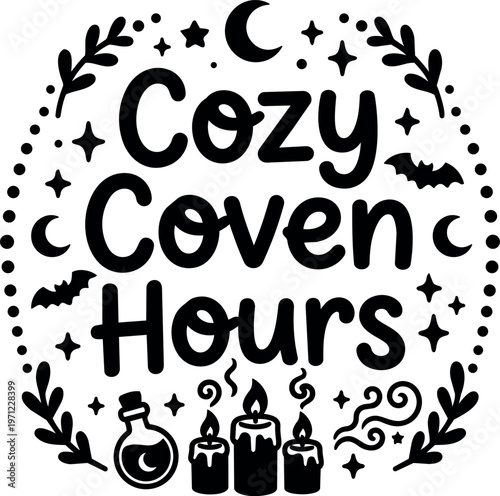 Cozy coven hours phrase with candles potion bats and moon line art