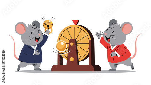 Two happy grey mice dressed in traditional clothing playing a festive lottery wheel game with a golden bell.
