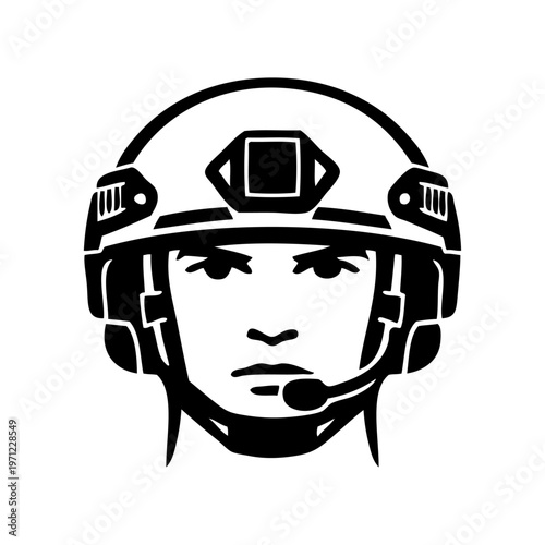 Logotipo con dibujo minimalista de un primer plano de la cabeza de un soldado con casco de combate, visto de frente 