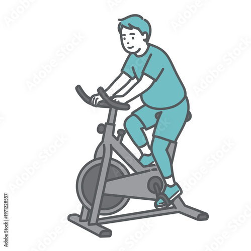 笑顔でフィットネスバイクを漕ぐぽっちゃり男性のイラスト