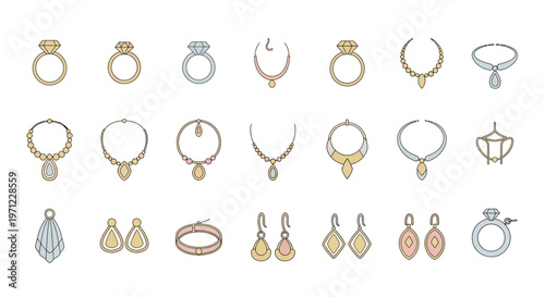 Illustrated collection of jewelry including rings necklaces earrings and bracelets in minimal style