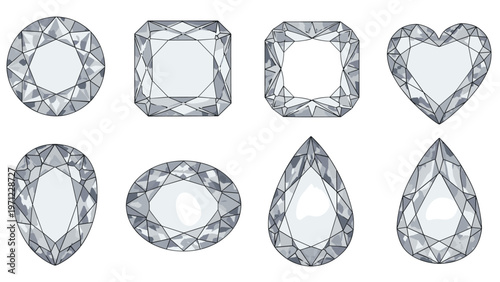 Collection of eight watercolor diamond shapes featuring round princess cushion heart pear oval and teardrop gemstone cuts for jewelry design.