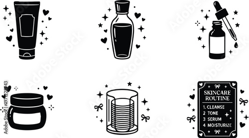 Black and white skincare routine icons with cream toner serum and cotton pads