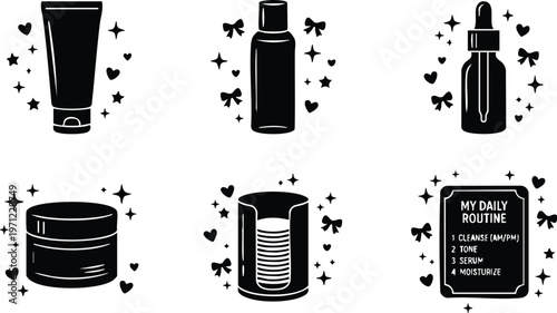 Black and white skincare bottles cream jar serum daily routine list vector line art