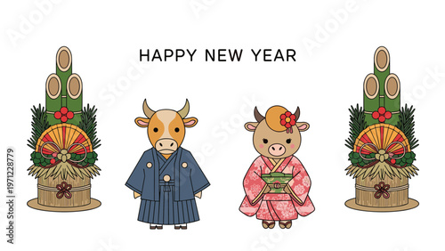 Japanese new year greeting card design featuring cute cow characters in traditional kimonos with kadomatsu bamboo decorations.