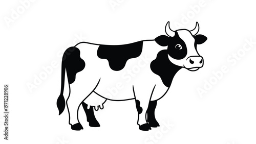 Simple black and white illustration of a dairy cow standing sideways showing its patches and udder on a white background.