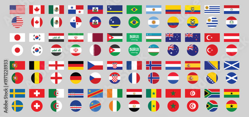 International Flags Set of 48 Countries with Rectangle and Round Icons, Football Teams Collection