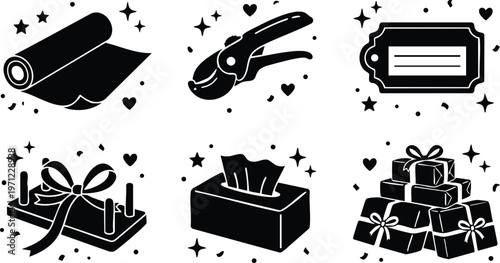 Wrapping paper scissors gift tag tissue box and gift boxes