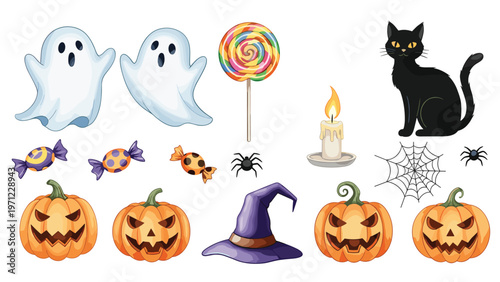 Watercolor halloween elements including ghosts jack o lanterns a black cat witch hat spider web and assorted candy pieces.