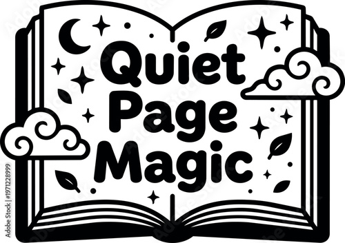 Black and white quiet page magic lettering with book moon stars and clouds