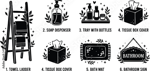 Black and white flat design bathroom accessories set with towel ladder tissue box cover and soap dispenser