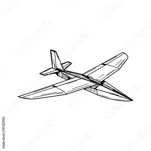Hand drawn glider airplane illustration in black and white line art