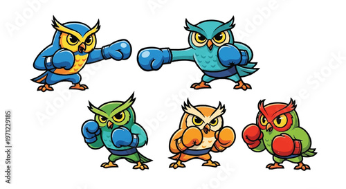 Cartoon owls boxing set illustration