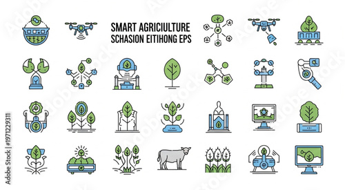 Smart agriculture icons representing modern farming and technological advancements in agriculture.