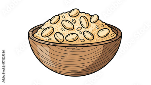 Hand drawn illustration of a wooden bowl overflowing with healthy grains or cereal flakes isolated on a white background.