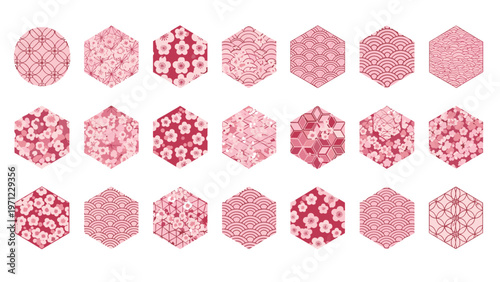 Collection of pink hexagonal tiles featuring various traditional japanese patterns such as waves flowers and geometric shapes.