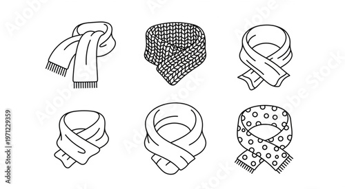 Collection of various scarf designs in black and white line art.
