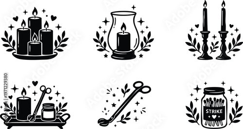 Black and white candle set with holders tongs and matches jar vector art