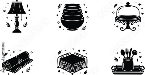 Black and white kitchenware set with lamp bowls cake stand rolled mat and utensils