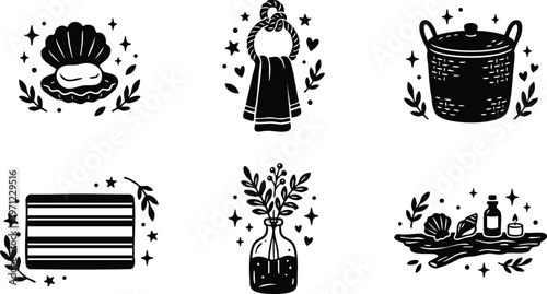 Black and white spa icons set with towel basket soap and essential oils