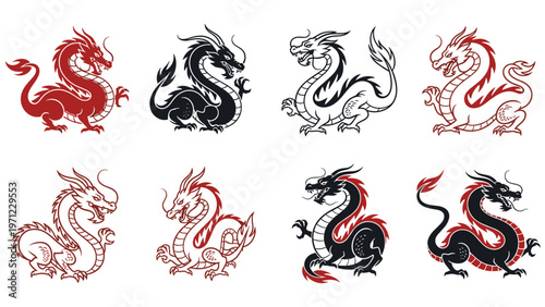 Collection of eight dragon illustrations in different colors and styles including red black and outline versions for art.