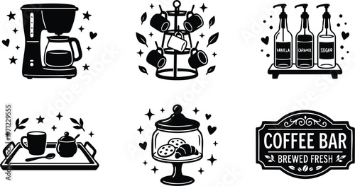 Black and white coffee bar brewed fresh label with coffee machine and mugs rack