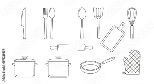 Line art illustration of various kitchen utensils and cookware for cooking and baking.