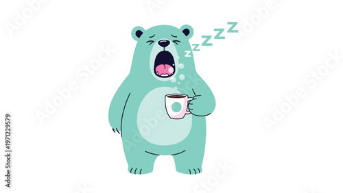 Cute mint green bear yawning and holding a pink cup of coffee with bubbles and Zzz symbols on a plain white background.